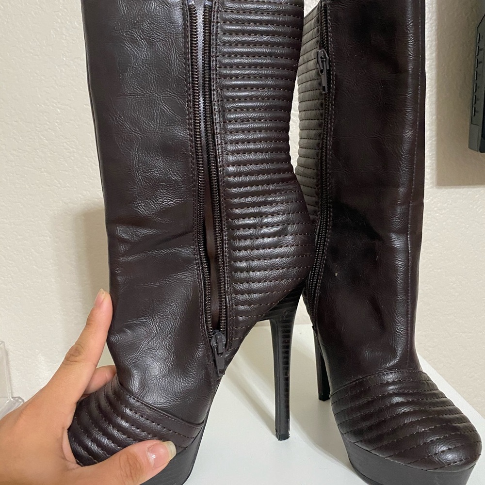 Brown over the ankle high-heeled boots